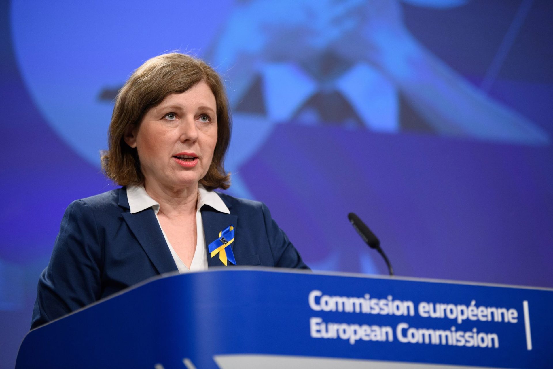 Vera Jourova, Vice-President of the European Commission in charge of Values and Transparency, speaks during a press conference following the weekly meeting of European Commission.