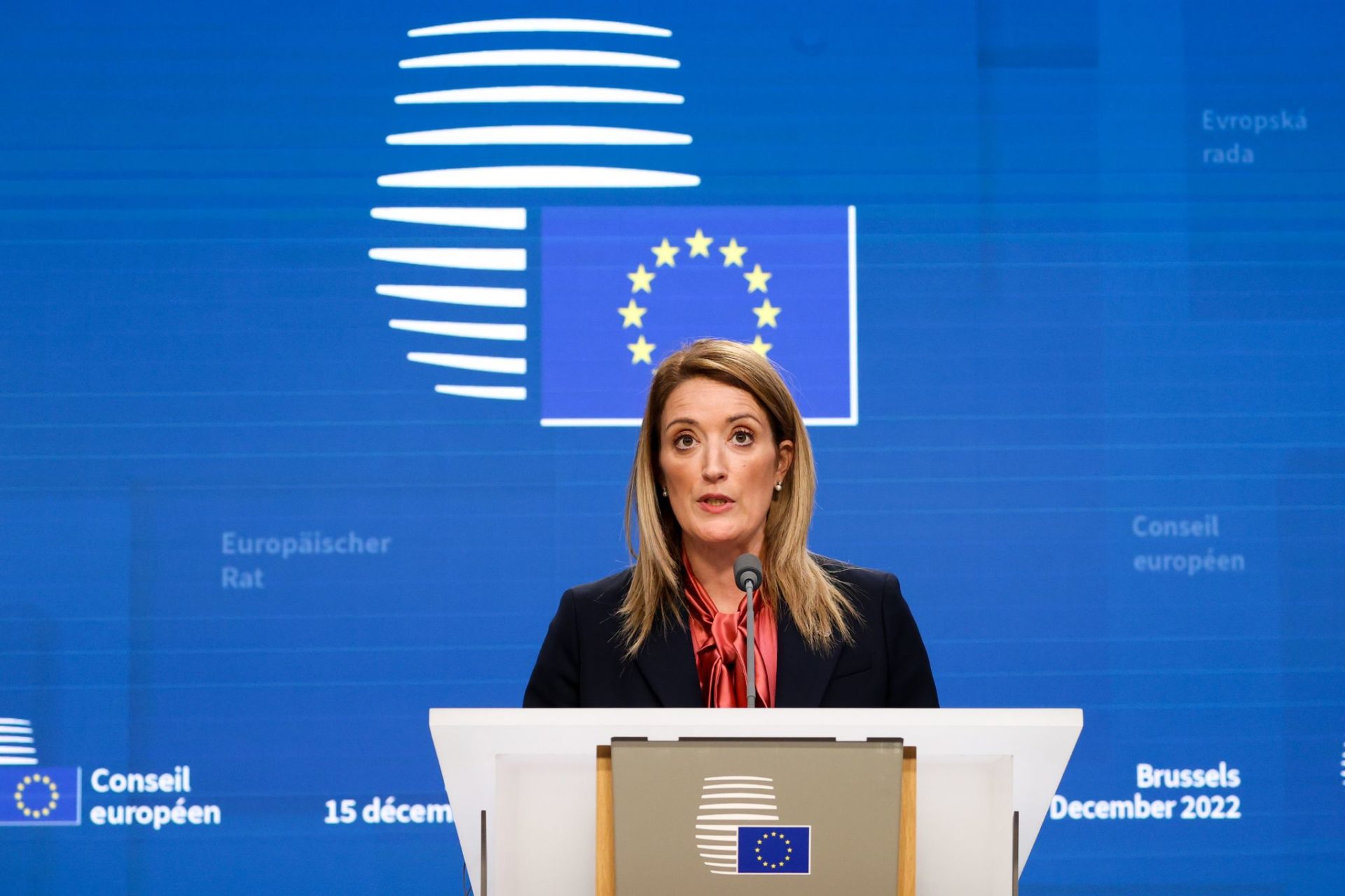 President of the European Parliament Roberta Metsola speaks during a press conference.