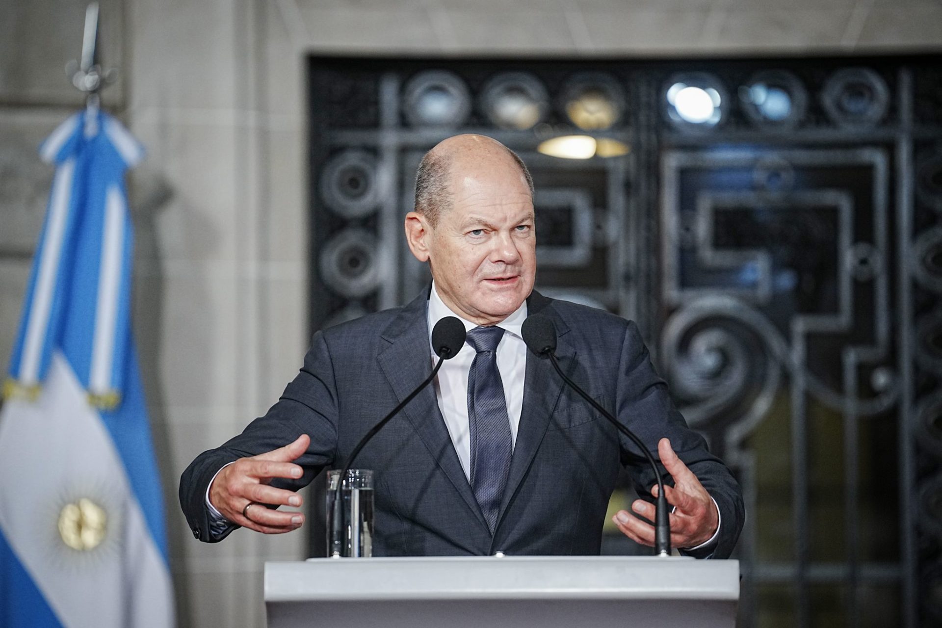 German Chancellor Olaf Scholz attends a press conference after his talks with the President of Argentina Fernandez at the Foreign Ministry. On his Latin America trip, Scholz will first visit Argentina and then Chile and Brazil.