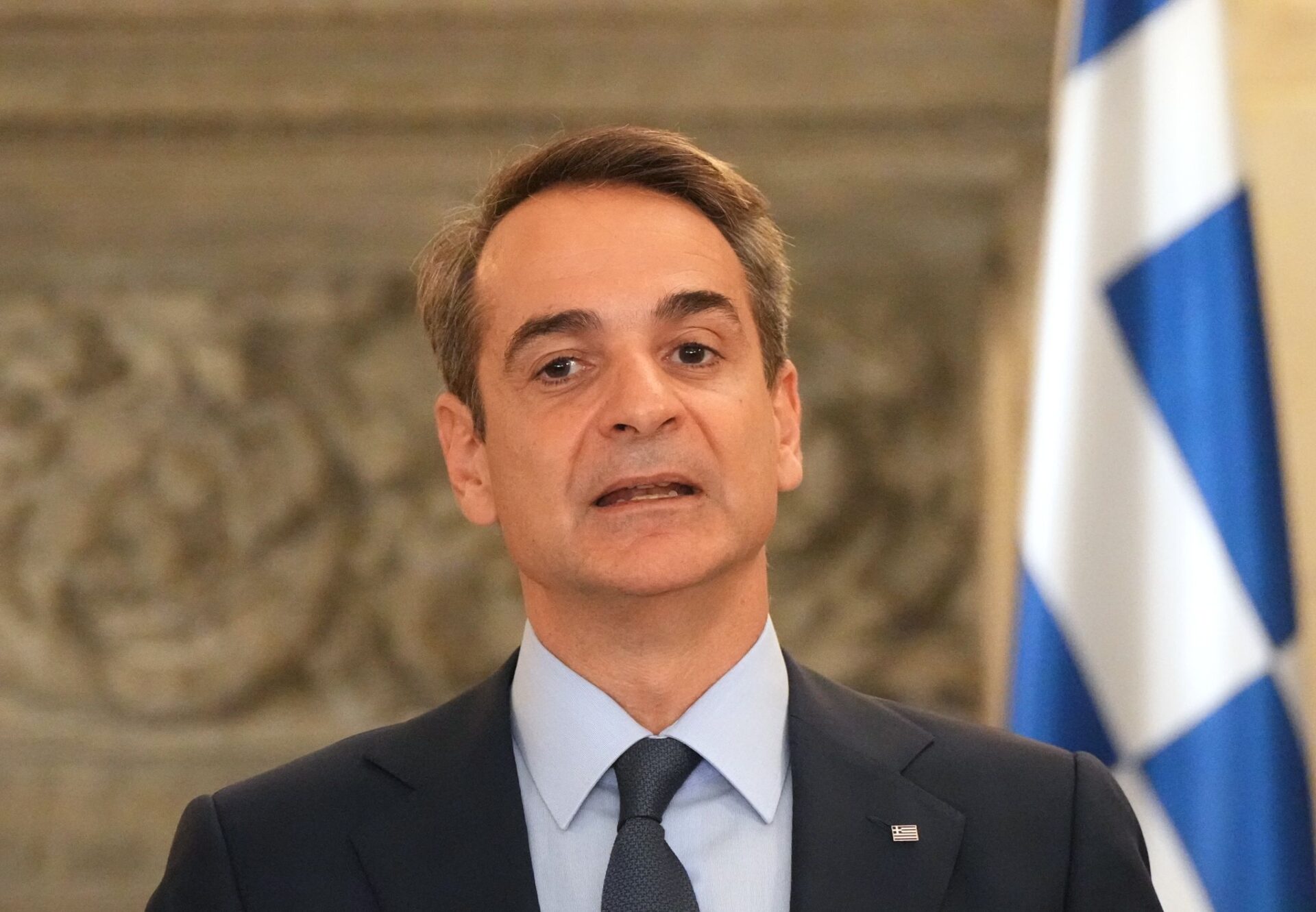 Kyriakos Mitsotakis, Prime Minister of Greece, speaks during a press conference.