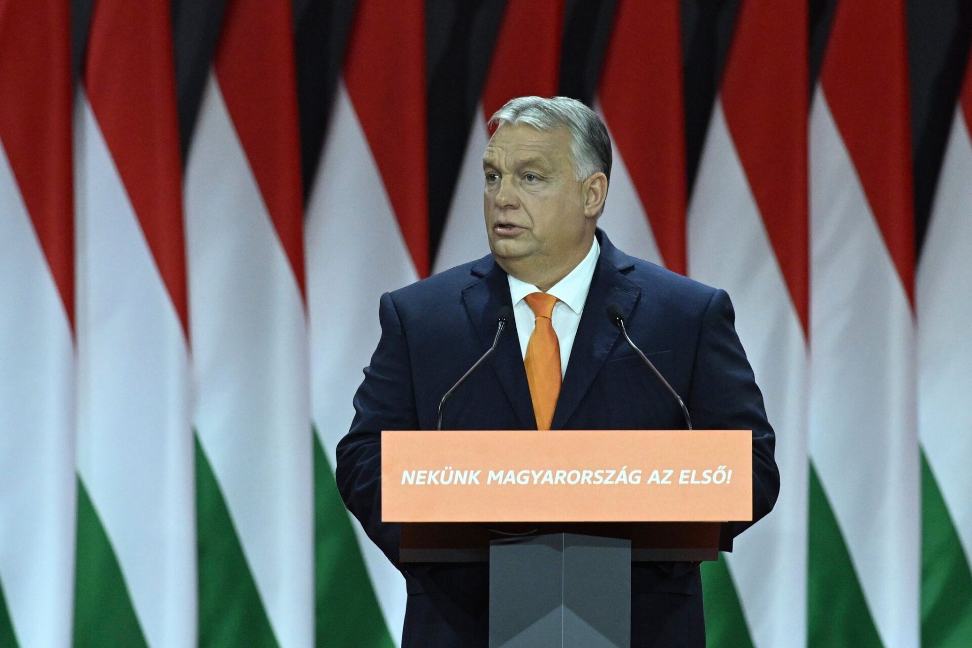 Viktor Orban, Ministerpräsident von Ungarn, hält eine Rede nach seiner Wiederwahl zum Parteivorsitzenden auf dem Wahlkongress der regierenden ungarischen Fidesz-Partei.