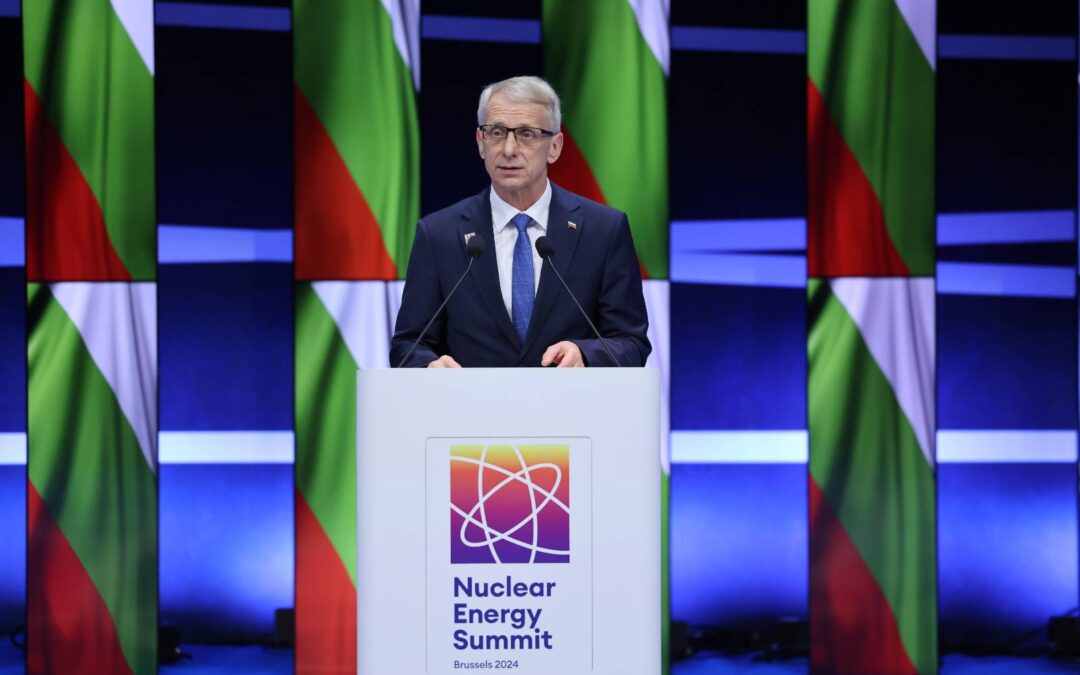 Prime Minister Nikolai Denkov speaks at Nuclear Forum in Brussels on March 21, 2024. Government of Bulgaria Photo