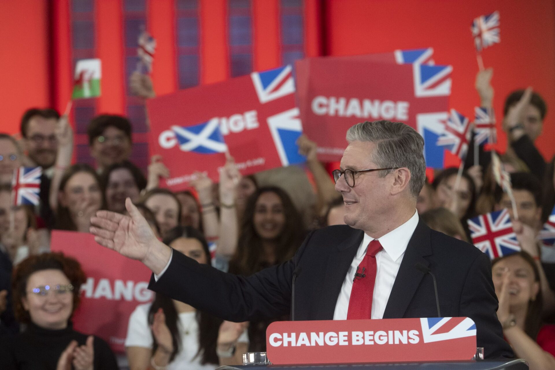 UK Labour leader Sir Keir Starmer speaks to supporters at a watch party for the results of the 2024 General Election in central London, as the party appears on course for a landslide win in the 2024 General Election.