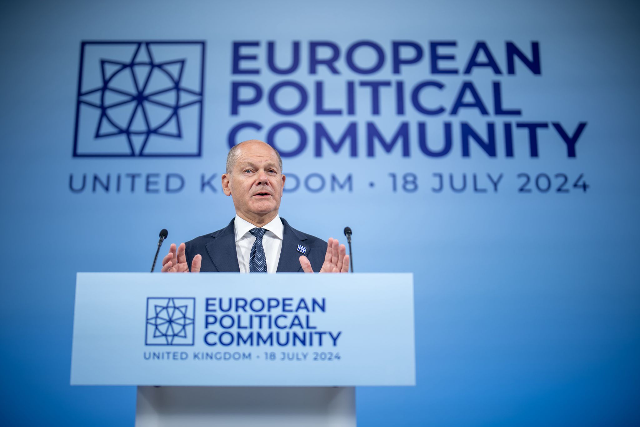 German Chancellor Olaf Scholz holds a press conference on the sidelines of the European Political Community Summit in Blenheim Palace.