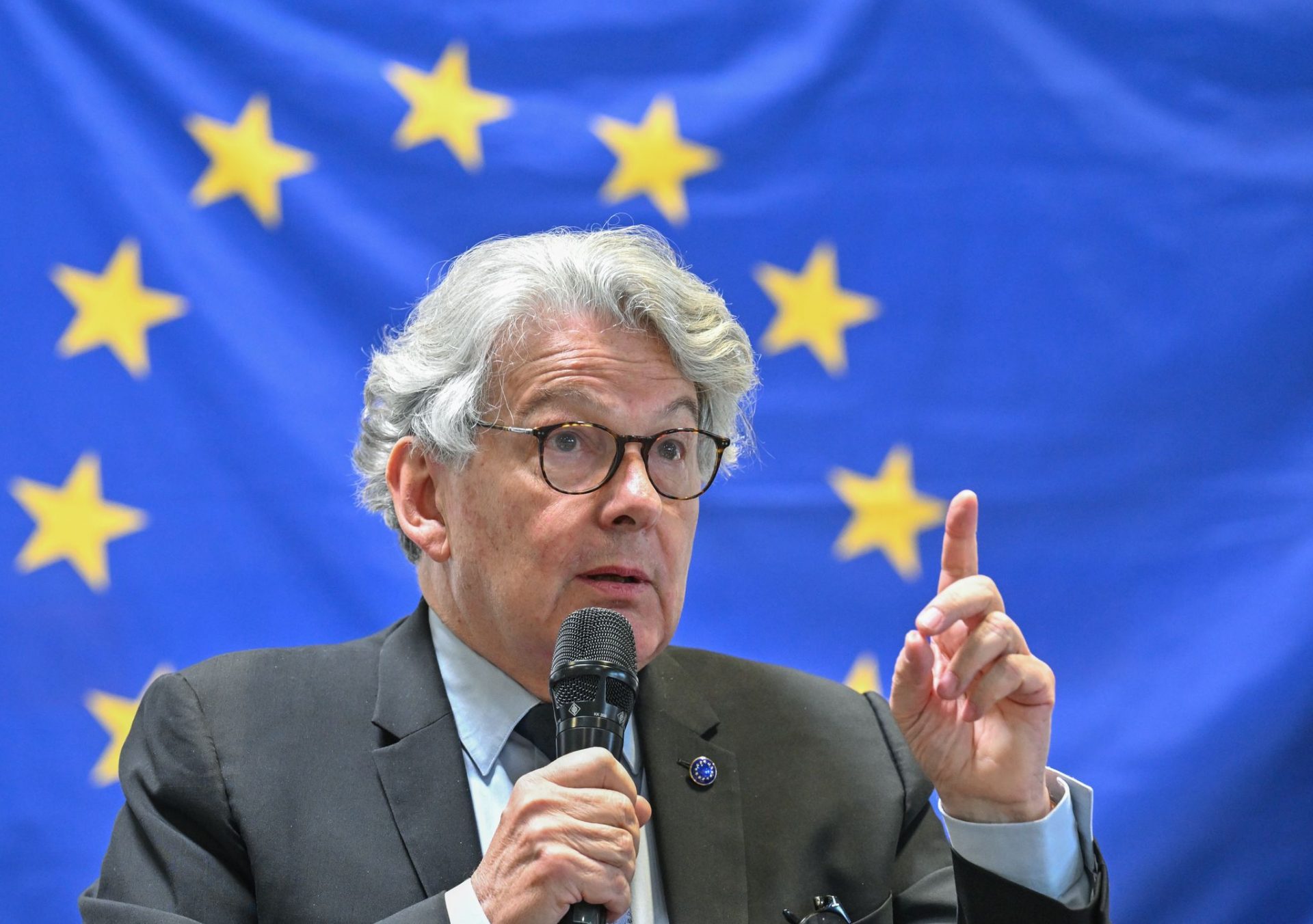 Thierry Breton, EU Commissioner for Internal Market and Services, speaks at the event "Economic Transformation, Net-Zero Valley and Digitalization" at DOCK3 on the border of Saxony and Brandenburg.