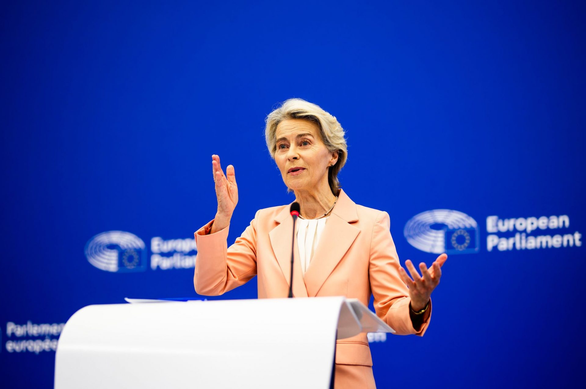 European Commission President Ursula von der Leyen presents her new Commission to media representatives during a press conference after the Conference of Presidents. The heads of state and government had previously nominated candidates for the College of Commissioners.