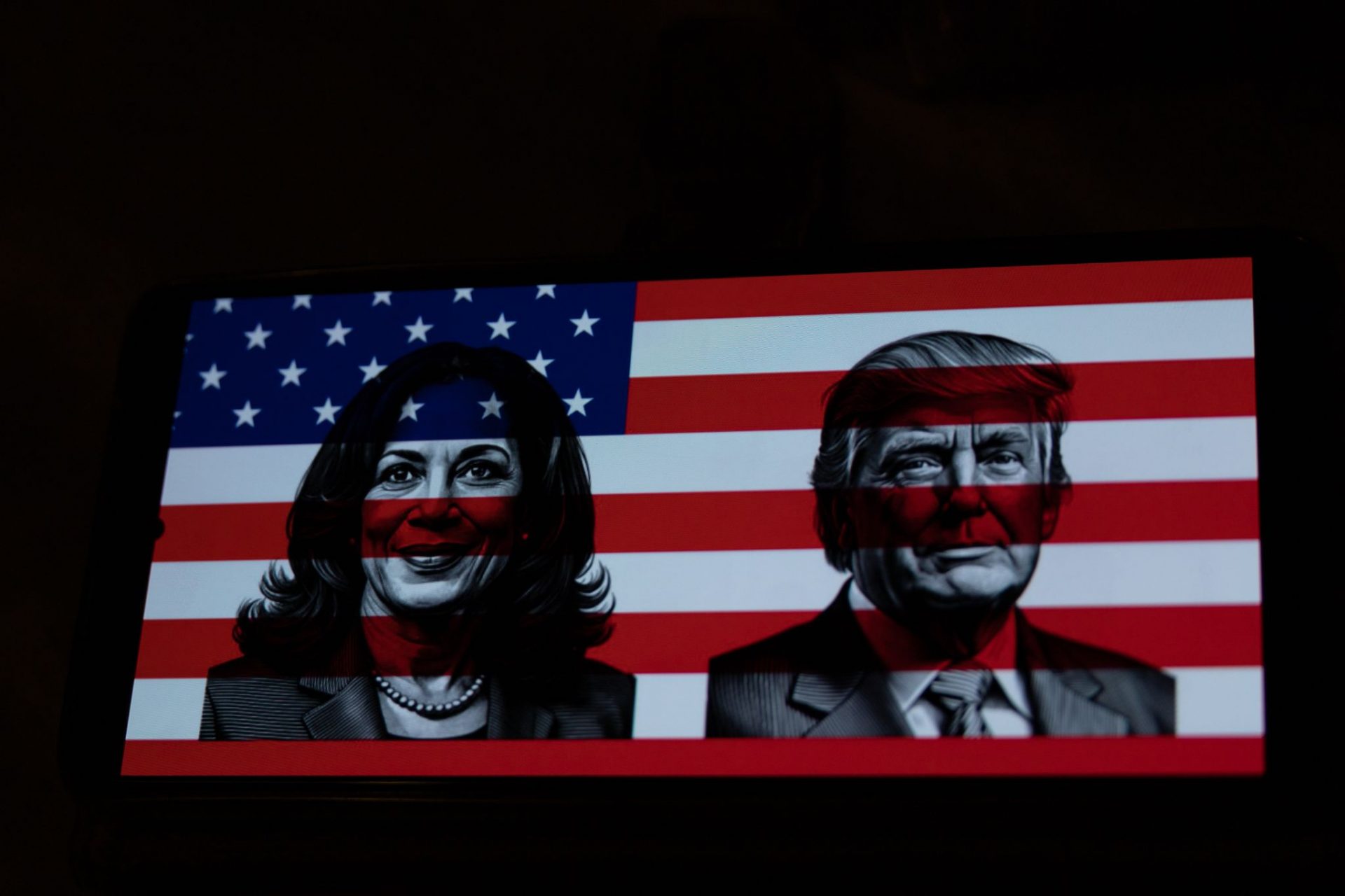 US presidential candidates, former US President Donald Trump and US Vice President Kamela Harris are seen with the flag of United States on a mobile phone screen ahead of 2024 US Presidential Elections.