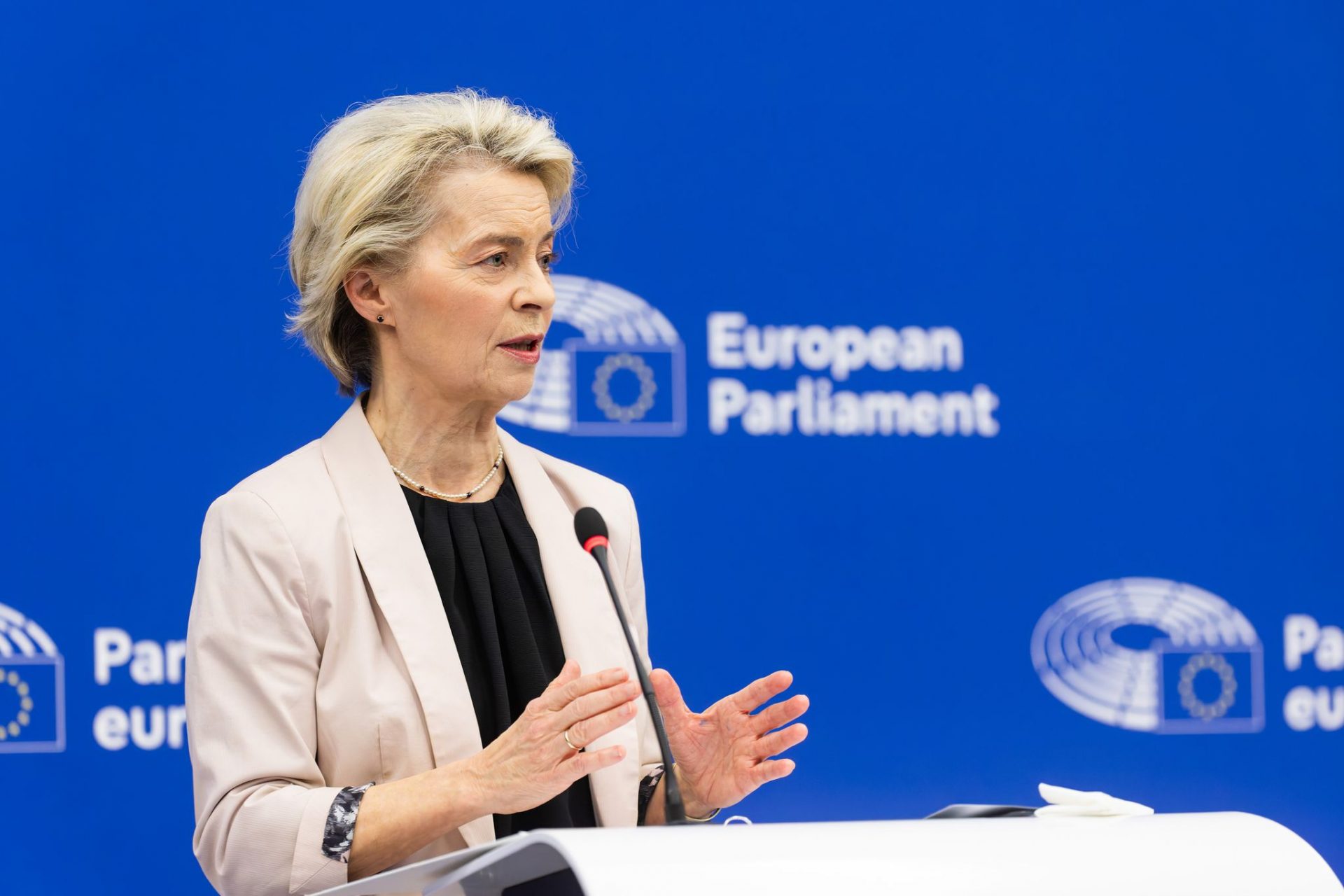 Ursula von der Leyen President of the European Commission, stands during a press conference in the European Parliament building.