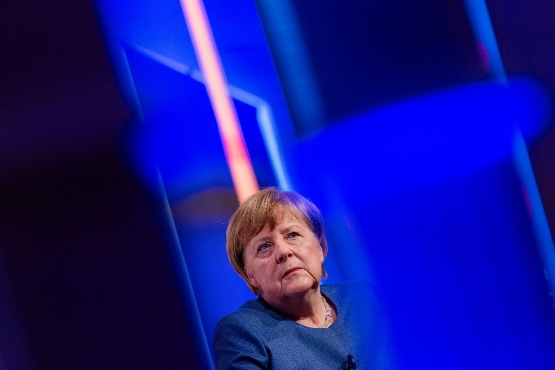 Former German Chancellor Angela Merkel sits on the stage at the launch of Merkel's book "Freiheit. Memories 1954 - 2021" as part of Lit.Cologne literature festival at the Flora.