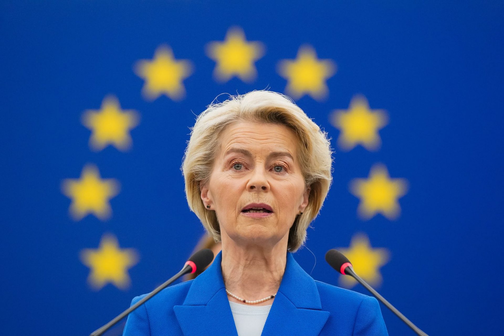 EU Commission President Ursula von der Leyen delivers a speech during a session at the European Parliament in Strasbourg.
